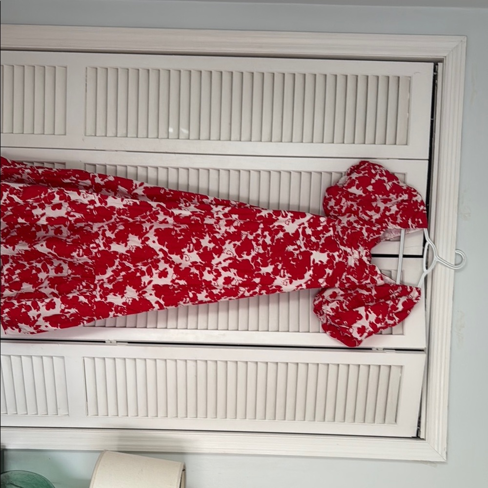 Red and White Floral Dress with Puff Sleeves